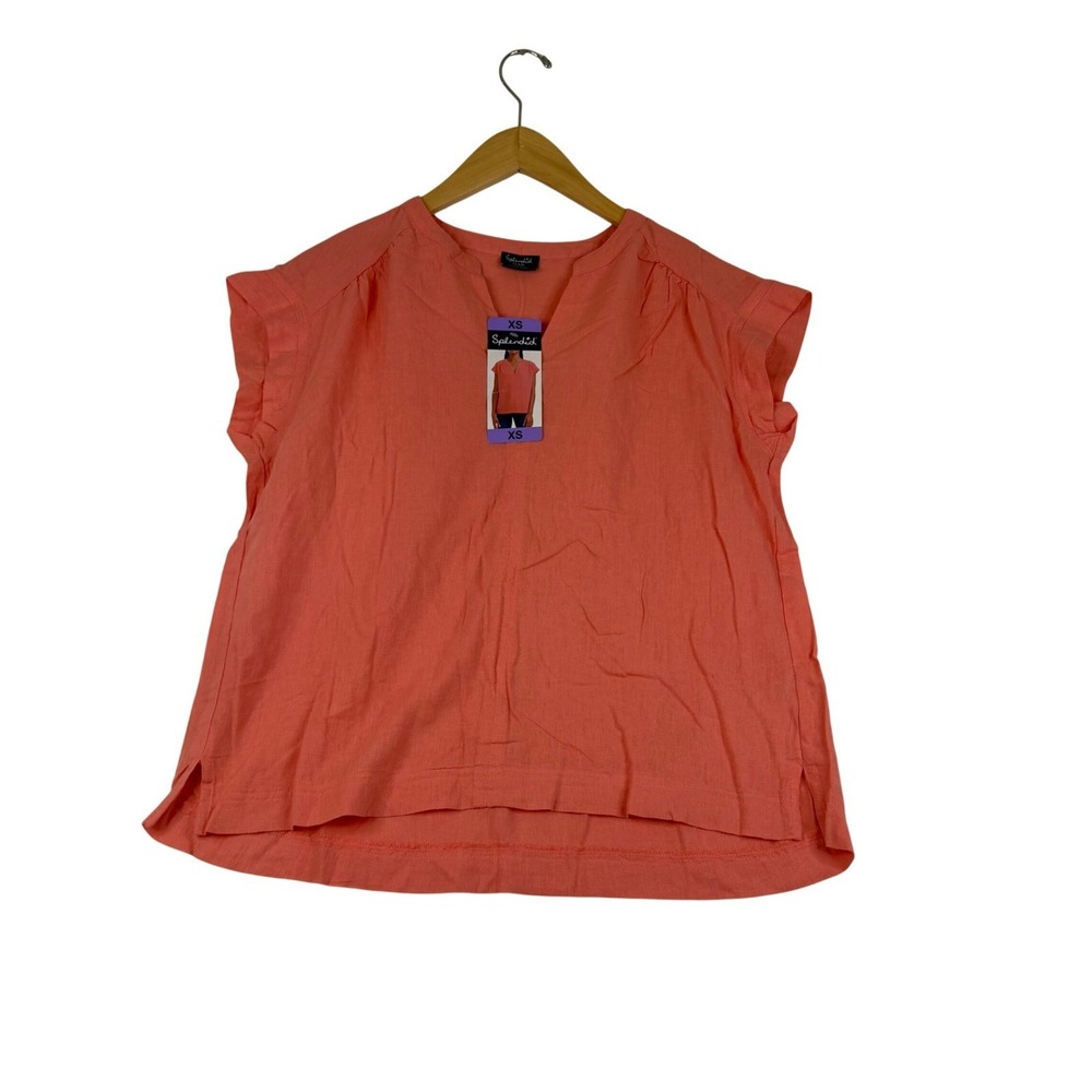 Splendid Womens Coral Pink Split V-Neck Short Sleeve Relaxed Blouse Top XS NEW